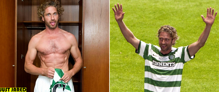 Gerard Butler mostra o novo físico antes de partida de futebol