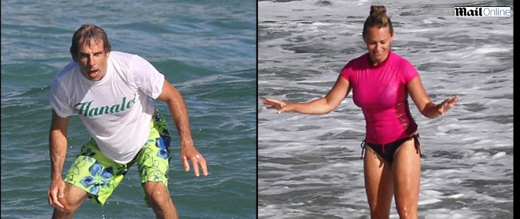 Ben Stiller surfa com sua esposa