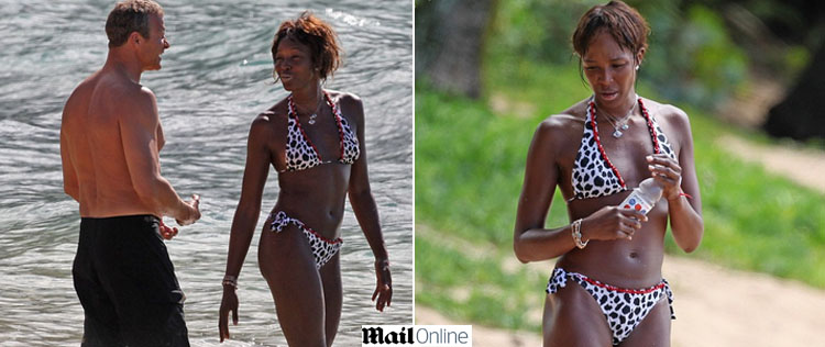 Naomi Campbell curte praia com o namorado