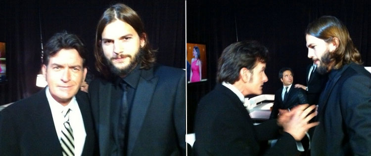Charlie Sheen dá conselhos a Ashton Kutcher nos bastidores do <i>Emmy</i>