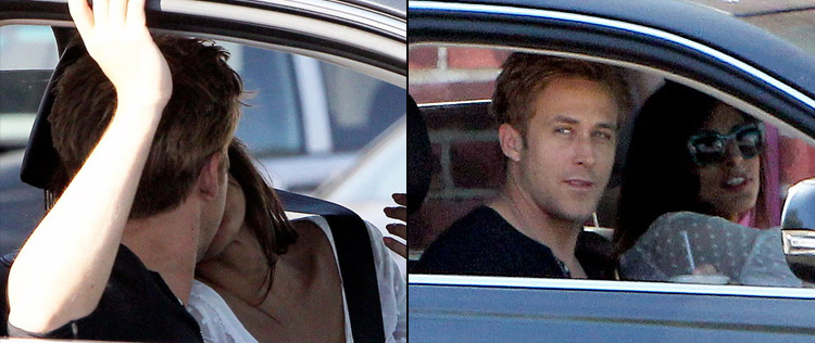 Ryan Gosling e Eva Mendes trocam beijo dentro de carro