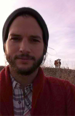 Ashton Kutcher tira foto com vaca ao fundo