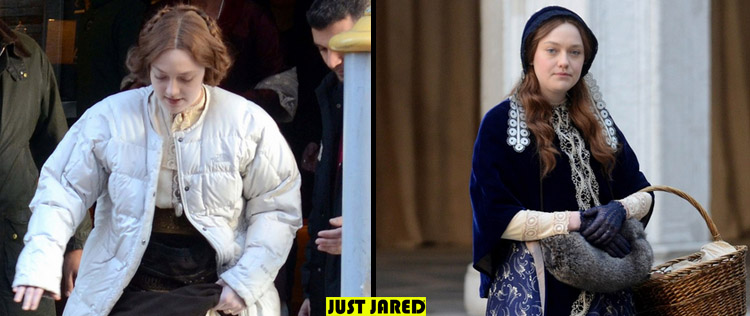Dakota Fanning filma em Veneza com <i>look</i> de época
