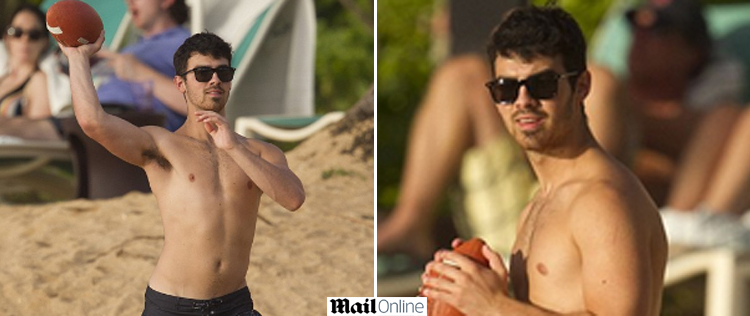 Joe Jonas joga futebol americano na praia