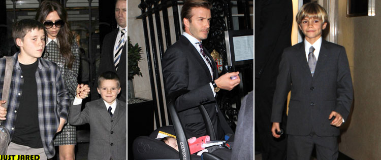 Família Beckham deixa hotel em Londres em grande estilo