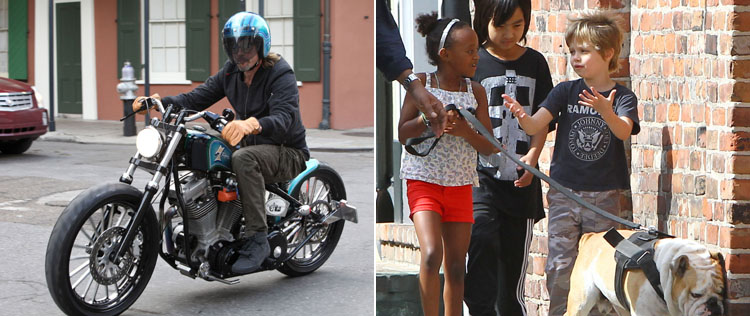 Brad Pitt passeia de moto e os filhos, com cachorro