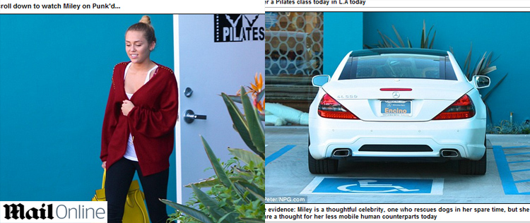 Miley Cyrus estaciona carro em vaga de deficientes durante aula de pilates