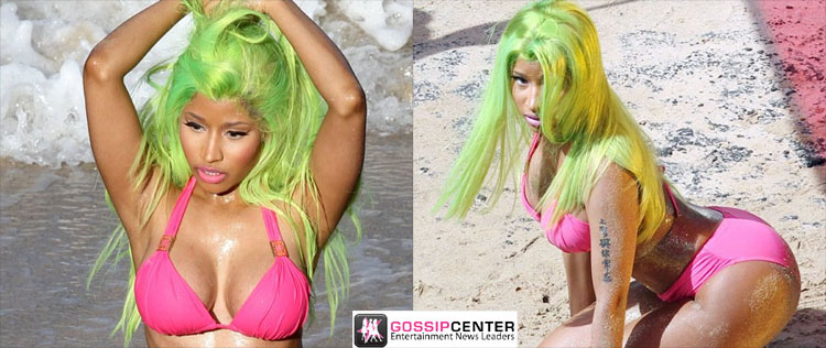 De biquíni e cabelo verde, Nicki Minaj grava clipe no Havaí