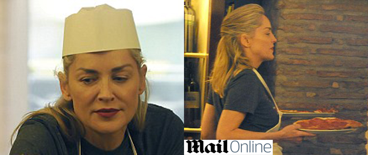 Sharon Stone serve pizza em restaurante na Itália