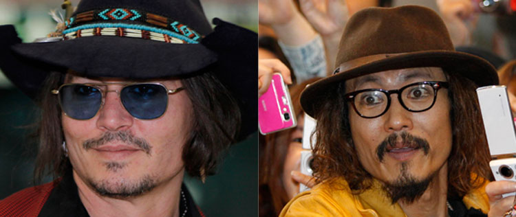 Johnny Depp encontra sósia ao chegar no Japão