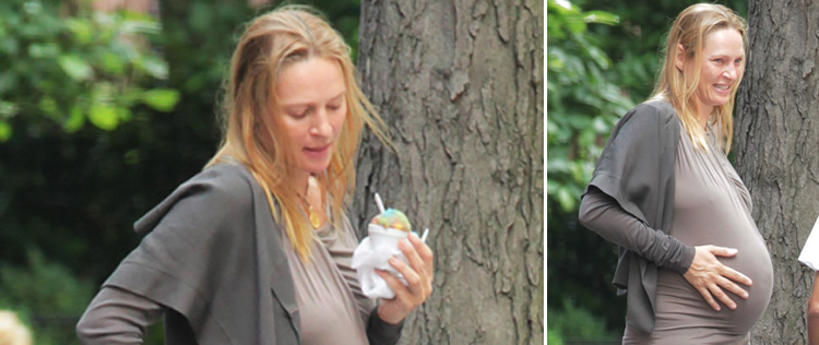 Grávida, Uma Thurman toma sorvete