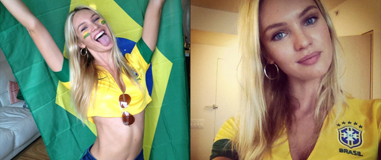 Candice Swanepoel tira foto com camiseta do Brasil
