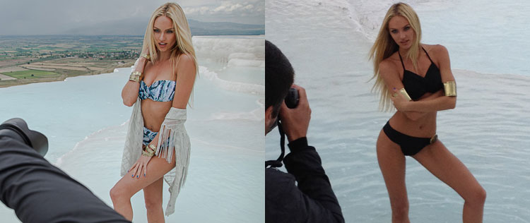Candice Swanepoel posa na Turquia para marca brasileira
