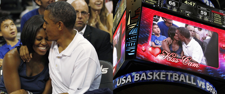 Barack e Michelle Obama são flagrados por <i>Kiss Cam</i>