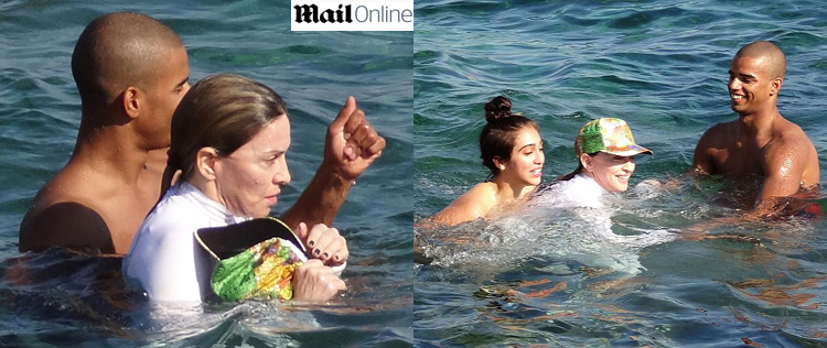 Madonna é flagrada usando camiseta de mangas compridas para nadar no mar
