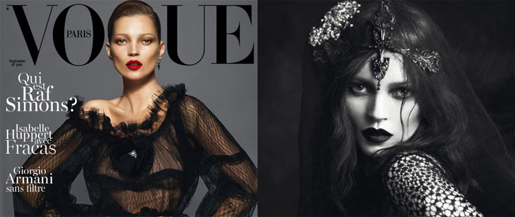 Kate Moss aparece com os cabelos escuros na <i>Vogue Paris</i>