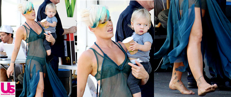 P!nk exibe a <i>lingerie</i> em vestido transparente com a filha, Willow, no colo