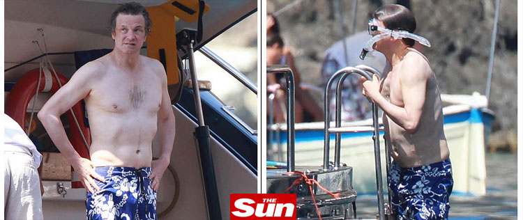 Com uns quilinhos a mais, Colin Firth é visto no mar da Toscana