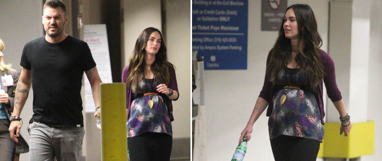 Megan Fox exibe o barrigão ao deixar hospital