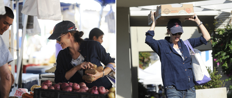Jennifer Garner vai a feira e carrega caixa
