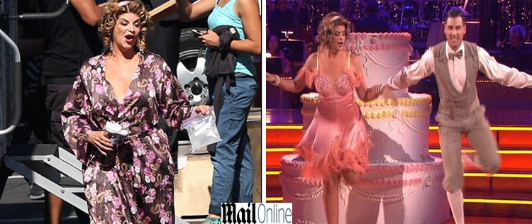 Kirstie Alley sai de dentro de um bolo no <i>Dança dos Famosos</i> norte-americano