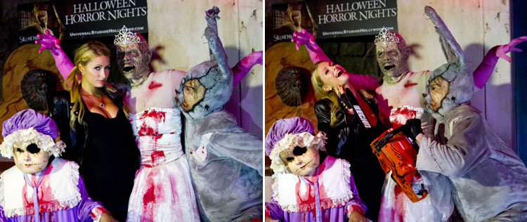 Paris Hilton faz caras e bocas em festa de terror, veja!