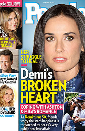 Demi Moore está devastada e com ciúmes de Ashton Kutcher e Mila Kunis, diz revista