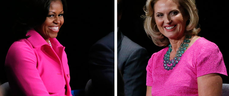 Michelle Obama e esposa de Mitt Romney usam <i>pink</i> em debate