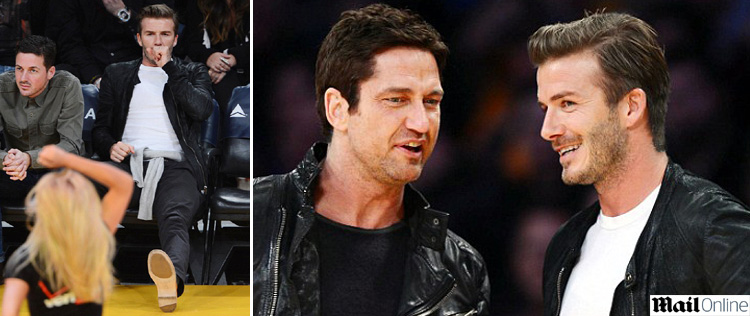 David Beckham confere partida de basquete e encontra Gerard Butler