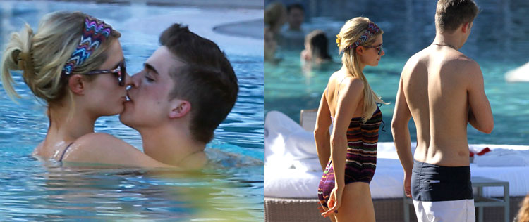 Em meio a rumores de gravidez, Paris Hilton namora na piscina