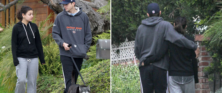 Ashton Kutcher e Mila Kunis passeiam com o cachorro em clima de romance