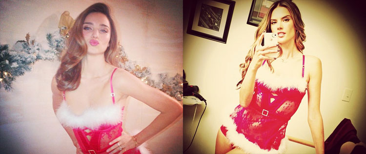 Miranda Kerr e Alessandra Ambrósio vestem <i>lingerie sexy</i> para o Natal