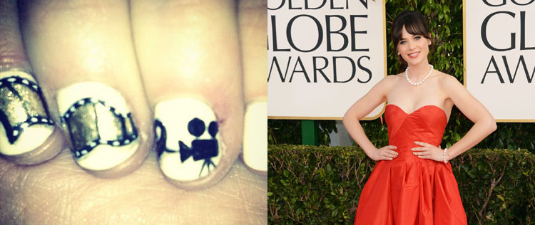 Zooey Deschanel usa unhas divertidas no <i>Globo de Ouro</i>