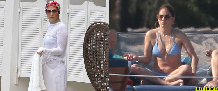 Jennifer Lopez opta por um <i>look</i> que esconde corpo, mas é flagrada de biquíni