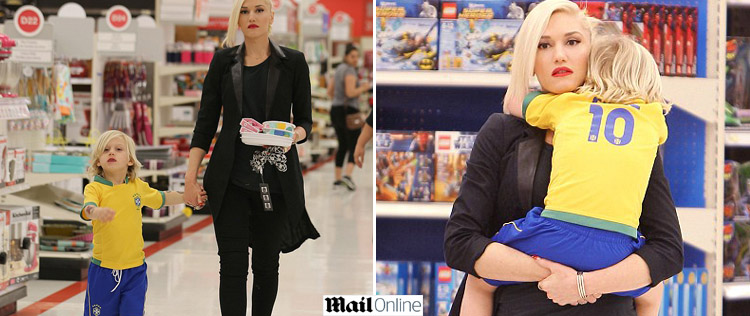 Gwen Stefani veste caçula com o uniforme da seleção brasileira de futebol