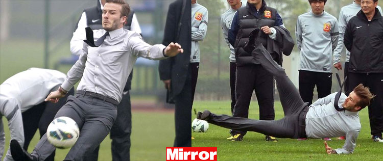 David Beckham joga futebol de roupa social e leva tombo. Veja!