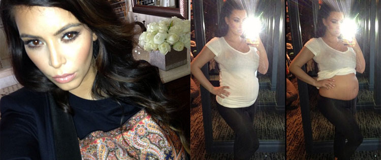 Com camiseta levantada, Kim Kardashian divulga foto mostrando a barriga de grávida