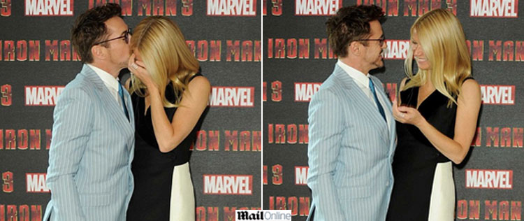 Gwyneth Paltrow fica envergonhada ao ser beijada na testa por Robert Downey Jr.