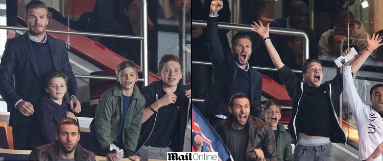 David Beckham assiste ao jogo do <i>Paris St Germain</i> com os filhos