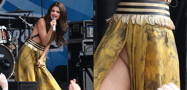Selena Gomez é traída por fenda de vestido