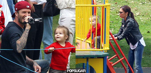 David Beckham e Victoria Beckham assistem a jogo de futebol do filho