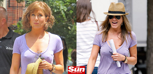 Sem sutiã, Jennifer Aniston é fotografada em bastidores de novo filme