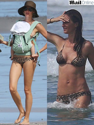 Gisele Bündchen mostra a boa forma na praia com Vivian no colo