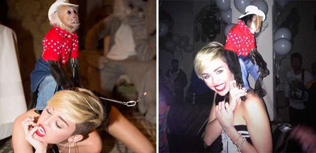 Em Las Vegas, Miley Cyrus posa com macaco