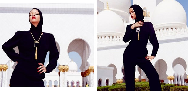 Rihanna posa para fotos apenas com o rosto para fora