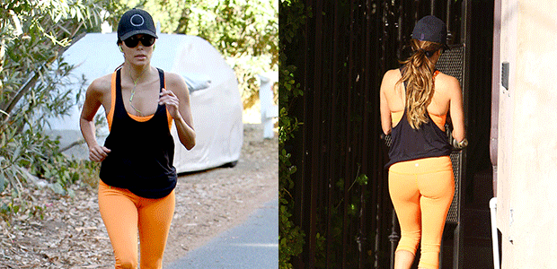 De <i>legging</i> laranja, Eva Longoria pratica corrida, veja as fotos!