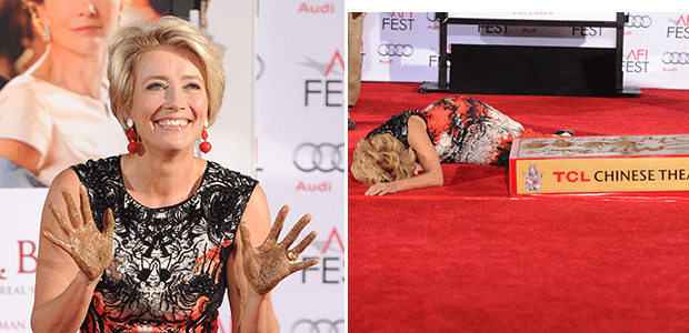 Ao ser imortalizada em Hollywood, Emma Thompson cai no tapete vermelho