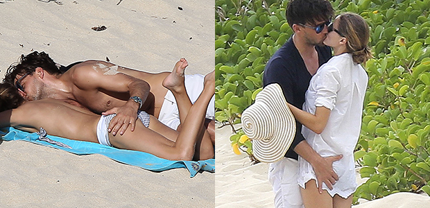 Olivia Palermo recebe apalpadas indiscretas do noivo na praia