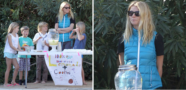Gwyneth Paltrow é flagrada vendendo limonada com os filhos