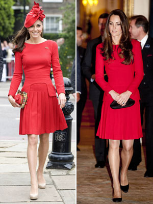 Kate Middleton repete vestido vermelho durante evento com rainha Elizabeth II